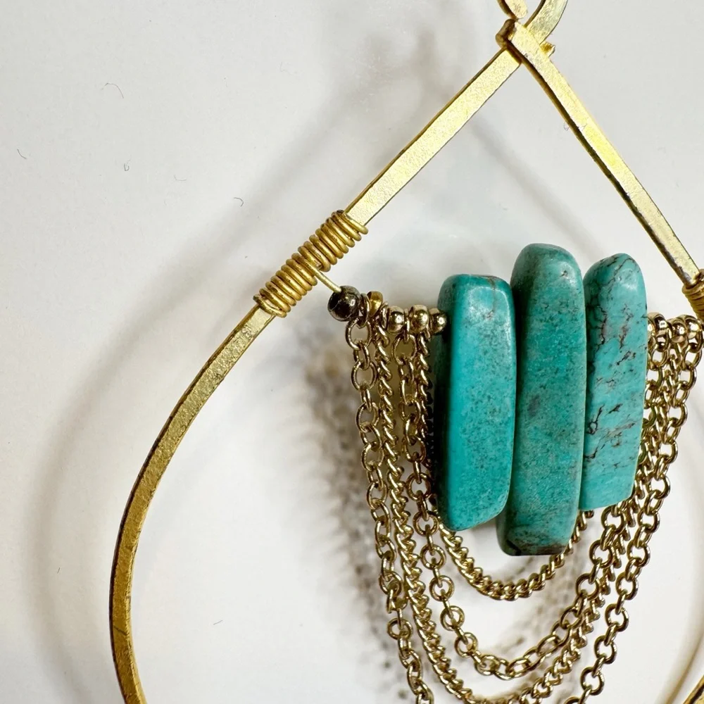 Betsy & Iya | Gold Tone Dangle Earrings w/ Turquoise Stones + Chain Details‎